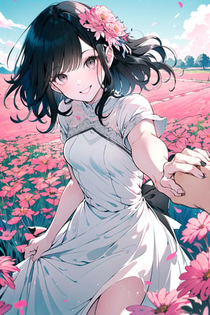(Gray eyes, black hair, medium hair, wavy hair, small breasts, 1girl), masterpiece, best quality, white dress, looking_at_viewer,  smiling, happy, holding hand,pov, field of flowers, pink theme, day, blue sky,