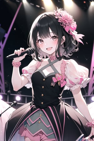 (Gray eyes, black hair, medium hair, wavy hair, small breasts, 1girl), masterpiece, best quality, looking_at_viewer, ,dress, stage, concert, idol, cowboy_shot,  blushing,  singing, smiling, happy, hair_ornaments,  pink, black, white 