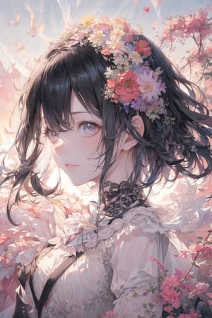 (1girl, black hair, gray eyes, small breasts, medium hair, wavy hair), Watercolor painting, (Beautifully Aesthetic:1.2), (best quality)), ((masterpiece)), (detailed), portrait, With each new sunrise, Hope blooms like a wildflower, Dreams take flight and rise, stunning gradient colors, detailed background,  ((masterpiece)),
