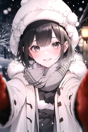 (Gray eyes, black hair, medium hair, wavy hair, small breasts, 1girl), masterpiece, best quality, looking_at_viewer ,IncrsChkWarmingMeme, scarf, snow, smiling, blushing, lovely, hat, winter hat, fluffy hat, 