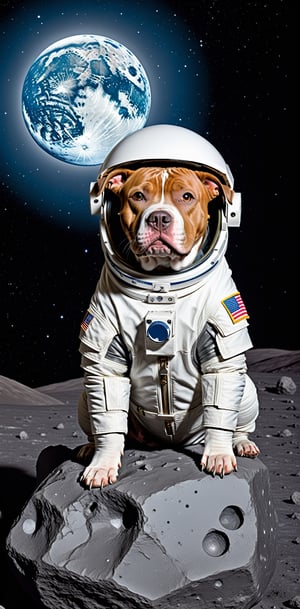 Scottish pitbull dog, amarillo con blanco, sitting on an asteroid in space, floating, wearing astronaut suit, melancholic look , With an astronaut helmet, , espacio exterior, ,more detail XL