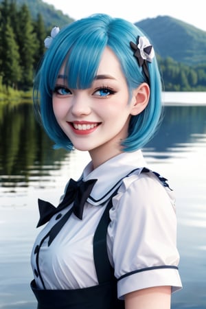 REM  uniforme maid, en el lago,1chica, pechos enormes, rostro perfecto, pupilas dilatadas, expresion timida, anochecer, sonriendo, cabello corto,ojos azules