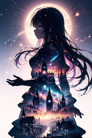 white background, double exposure silhouette Long Hair girl and Fantasy townscape, full moon and meteor, wearing layered dress, ,silhouette