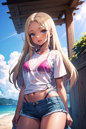 Transcendently Beautiful Girl, solo, charming smile, (masterpiece face, masterpiece eyes, gray eyes), (Blonde, long straight hair, Forehead:1.3), (red lips, thick pink lips:1.3), 
BREAK, 
(long eyelashes, bags_under_eyes), (dark skin:1.5), 
BRAKE, 
(see-through, short sleeve t-shirt, bikini under clothes), (Side-tie bikini, bikini under low rise denim shorts),
BREAK, 
(best proportions, Supermodel), beach, sea, sunlight, professional lighting, best quality, masterpiece, ultra detailed, captures a super cute moment, depth of field, ultra high resolution, fine details, 16k wallpaper,dark skin,fishnets,bikini under clothes