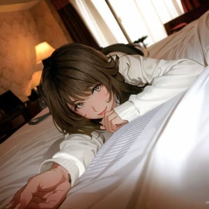 Masterpiece, high-definition animation, super high-definition rendering, (single woman), hotel bedroom background, female face lying face down on white bed looking at camera, brown hair, (beautiful face), pink lips, smiling face, white long sleeves, right hand extended, left hand clasped to mouth