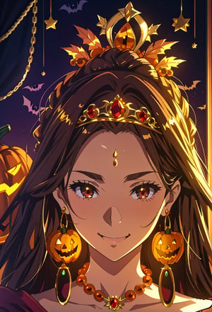 masterpiece, high resolution animation, (single female), dark bedroom background, queen with gold tiara on her head, long brown hair, (pretty face), kind smile, (shiny halloween pumpkin earrings on her ears), gold necklace