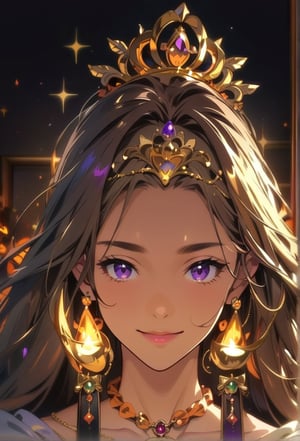 masterpiece, high resolution animation, (single female), dark bedroom background, queen with gold tiara on her head, long brown hair, (pretty face), kind smile, (shiny halloween pumpkin earrings on her ears), gold necklace