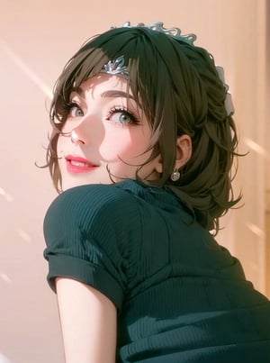 8K quality animation, (high resolution animation), ultra high resolution rendering, (French woman: 1.5), pale pink wall background, (light brown hair color: 1.5), long bangs, (white tiara on the head: 1.5), (turns the body diagonally to the back), face looking back over the shoulder (eyes looking back from the side: 1.5), beautiful eyes, high nose, (smile: 1.5), (mouth slightly open), Pink lips, light green short sleeve dress