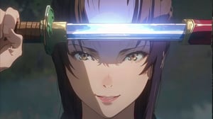 Masterpiece, high-definition animation, super high-definition rendering, (One woman), Japanese sword in front of face, (Brown hair), Long bangs, (Pretty face), Smiling, Pink lips