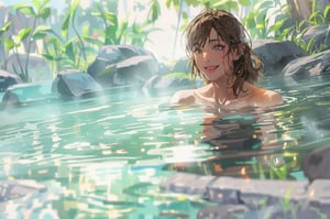 masterpiece, high resolution animation, (single female), background of smoky outdoor bath surrounded by rocks, woman from shoulders up submerged in hot water, brown hair, (pretty face), smiling,