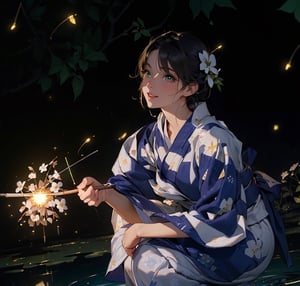 8K quality, high-definition animation, ultra-high-definition rendering, (one woman), (diagonal front view), (riverside background with green lights flying at night: 1.5), (many fireflies glowing green around), (woman crouching with incense sticks that emit golden sparks: 1.5), (sparks from incense sticks), light brown hair, (beautiful face), (eyes looking at you: 1.5), (smile), (white yukata with floral pattern: 1.5),