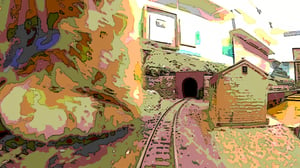 Excellent, high-res animation, super high-res rendering, (a single kitten: 1.5), a kitten sitting on two train tracks, (a dark tunnel and warehouse at the end of the tracks: 1.5)