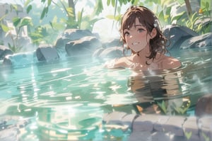 masterpiece, high resolution animation, (single female), background of smoky outdoor bath surrounded by rocks, woman from shoulders up submerged in hot water, brown hair, (pretty face), smiling,