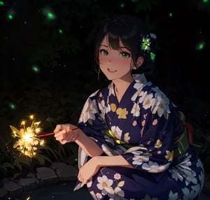 8K quality, high-definition animation, ultra-high-definition rendering, (one woman), (diagonal front view), (riverside background with green lights dancing at night: 1.5), (many green glowing fireflies around: 1.5), (woman crouching with incense sticks that emit golden sparks: 1.5), light brown hair, (beautiful face: 1.5), (eyes looking at you: 1.5), (smile), (white yukata with floral pattern: 1.5),Chiaki_Garo_aiwaifu