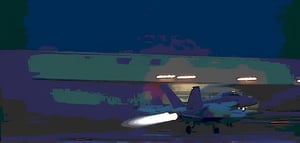 Masterpiece, high definition animation, ultra high definition rendering, F18 fighter jet taking off from the runway at night