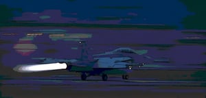 Masterpiece, high definition animation, ultra high definition rendering, F18 fighter jet taking off from the runway at night