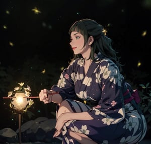 8K quality, high-definition animation, ultra-high-definition rendering, (one woman), (diagonal front view), (riverside background with green lights dancing at night: 1.5), (many green glowing fireflies around: 1.5), (woman crouching with incense sticks that emit golden sparks: 1.5), light brown hair, (beautiful face), (eyes looking at you: 1.5), (smile), (white yukata with floral pattern: 1.5),Chiaki_Garo_aiwaifu