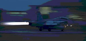 Masterpiece, high definition animation, ultra high definition rendering, F18 fighter jet taking off from the runway at night