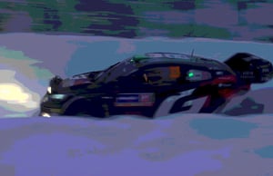 8K quality animation, (high resolution animation), super high resolution rendering, snowy road background, rally car running on a snowy road, many headlights, snowy road illuminated by lights, (rally car), many flag