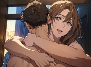 Masterpiece, high resolution animation, super high resolution rendering, (back of man's head: 1.5), (naked man and woman), (woman's face embracing man with arms turned away), brown hair, beautiful face,