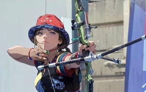 Masterpiece, high resolution animation, super high resolution rendering, (one woman), archery woman, one-eyed woman with red and blue hat drawing bow, (closed left eye), green archery bow