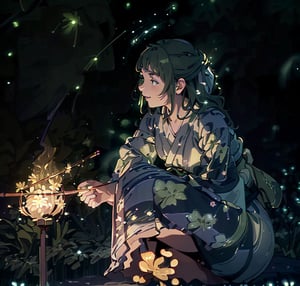 8K quality, high-definition animation, ultra-high-definition rendering, (one woman), (diagonal front view), (riverside background with green lights dancing at night: 1.5), (many green glowing fireflies around: 1.5), (woman crouching with incense sticks that emit golden sparks: 1.5), light brown hair, (beautiful face), (eyes looking at you: 1.5), (smile), (white yukata with floral pattern: 1.5),