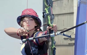 Masterpiece, high resolution animation, super high resolution rendering, (one woman), archery woman, a woman wearing a red and blue hat drawing a bow with one eye closed, (beautiful face), pink lips, serious face, (closed right eye: 1.5), green archery bow