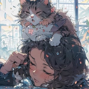 Masterpiece, high resolution animation, super high resolution rendering, fat cat sitting on the head of a sleeping woman with a fist on her forehead, (beautiful face woman :1.5), denim shirt, white window background