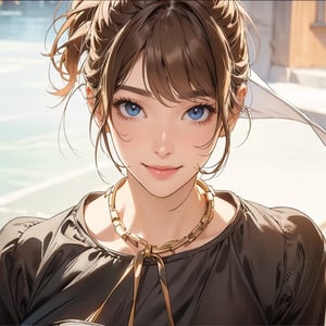 Masterpiece, high-definition animation, super high-definition rendering, (one woman), sunny courtyard background, (light brown hair), (crew-necked black dress), (beautiful face), (eyes looking at you: 1.5), (smile),