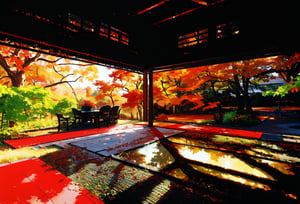 Masterpiece, high-resolution animation, ultra-high-resolution rendering, autumn scenery, trees with red leaves and sunlight filtered through the trees seen from indoors