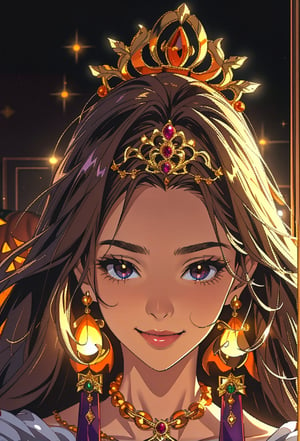 masterpiece, high resolution animation, (single female), dark bedroom background, queen with gold tiara on her head, long brown hair, (pretty face), kind smile, (shiny halloween pumpkin earrings on her ears), gold necklace