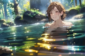 masterpiece, high resolution animation, (single female), background of smoky outdoor bath surrounded by rocks, woman from shoulders up submerged in hot water, brown hair, (pretty face), smiling,