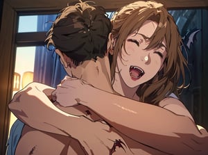 Masterpiece, high resolution animation, super high resolution rendering, (back of male head: 1.5), (naked man and woman), female face embracing male with arms turned away, (open mouth of vampire with two long fangs: 1.5), brown hair, pretty face, (closed eyes: 1.5), pink lips,