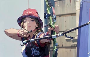 Masterpiece, high resolution animation, super high resolution rendering, (one woman), archery woman, a woman wearing a red and blue hat drawing a bow with one eye closed, (beautiful face), pink lips, serious face, (closed right eye: 1.5), green archery bow