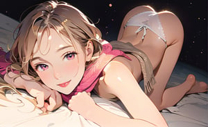 Masterpiece, high resolution animation, super high resolution rendering, (single woman), dark bedroom background, nude woman, woman lying face down with arms outstretched on white sheets, facing the viewer, light brown hair, (beautiful face), pink lips, smiling face, scarf around neck, buttocks raised by knees behind, white panties on buttocks