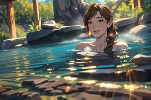 masterpiece, high resolution animation, (single female), background of smoky outdoor bath surrounded by rocks, woman from shoulders up submerged in hot water, brown hair, (pretty face), smiling,