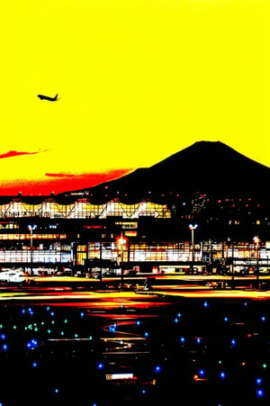 Masterpiece, high-definition animation, ultra-high-definition rendering, airport scene at sunset