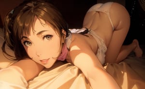 Masterpiece, high resolution animation, super high resolution rendering, (single woman), dark bedroom background, woman lying face down with arms outstretched on white sheets, facing the viewer, light brown hair, (beautiful face), pink lips, smiling face, scarf around neck, buttocks raised by knees behind, white panties on buttocks