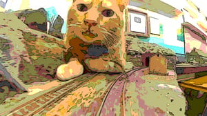 Excellent, high-res animation, super high-res rendering, (a single kitten: 1.5), a kitten sitting on two train tracks, (a dark tunnel and warehouse at the end of the tracks: 1.5)