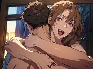 Masterpiece, high resolution animation, super high resolution rendering, (back of male head: 1.5), (naked man and woman), female face embracing male with arms turned away, (open mouth of vampire with two long fangs: 1.5), brown hair, pretty face, (sidelong glance: 1.5), pink lips,