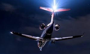 Masterpiece, high-resolution animation, ultra-high-resolution rendering, passenger plane landing on the runway at night, runway guide light, back of the passenger plane looking up from below,
