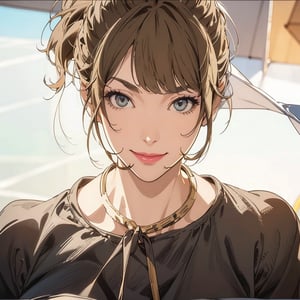 Masterpiece, high-definition animation, super high-definition rendering, (one woman), sunny courtyard background, (light brown hair), (crew-necked black dress), (beautiful face), (eyes looking at you: 1.5), (smile),Chiaki_Garo_aiwaifu