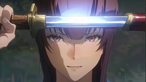 Masterpiece, high-definition animation, super high-definition rendering, (One woman), Japanese sword in front of face, (Brown hair), Long bangs, (Pretty face), Smiling, Pink lips