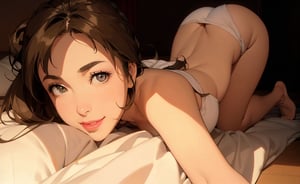 Masterpiece, high resolution animation, super high resolution rendering, (single woman), dark bedroom background, nude woman, woman lying face down with arms outstretched on white sheets, facing the viewer, light brown hair, (beautiful face), pink lips, smiling face, scarf around neck, buttocks raised by knees behind, white panties on buttocks