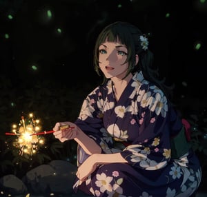 8K quality, high-definition animation, ultra-high-definition rendering, (one woman), (diagonal front view), (riverside background with green lights dancing at night: 1.5), (many green glowing fireflies around: 1.5), (woman crouching with incense sticks that emit golden sparks: 1.5), light brown hair, (beautiful face: 1.5), (eyes looking at you: 1.5), (smile), (white yukata with floral pattern: 1.5),Chiaki_Garo_aiwaifu