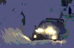 8K quality animation, (high resolution animation), super high resolution rendering, snowy road background, rally car running on a snowy road, many headlights, snowy road illuminated by lights, (rally car), many flag