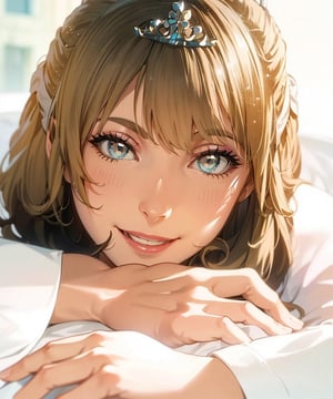 8K quality animation, (high resolution animation), ultra high resolution rendering, (French woman: 1.5), Queen looking towards you with her hands down on a white bed, long sleeved white shirt, (light brown long hair), ( Shining white tiara on head: 1.5), (beautiful face), eyes looking at you, high nose, (smiling mouth), pink lips, (smile: 1.5), (blush),