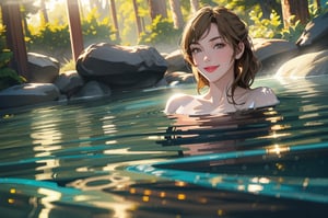 masterpiece, high resolution animation, (single female), background of smoky outdoor bath surrounded by rocks, woman from shoulders up submerged in hot water, brown hair, (pretty face), smiling,