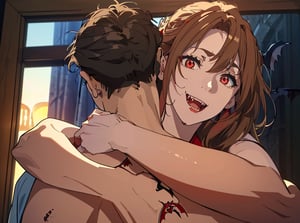 Masterpiece, high-resolution animation, super high-resolution rendering, (back of man's head: 1.5), (naked man and woman), woman's face embracing man with both arms, (two vampire fangs in closed mouth: 1.5), brown hair, beautiful face, (red eyes looking up: 1.5), red lips,