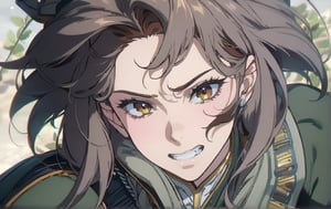 Masterpiece, high-definition animation, (one queen), brown hair, clenched teeth, (beautiful face), gray military uniform